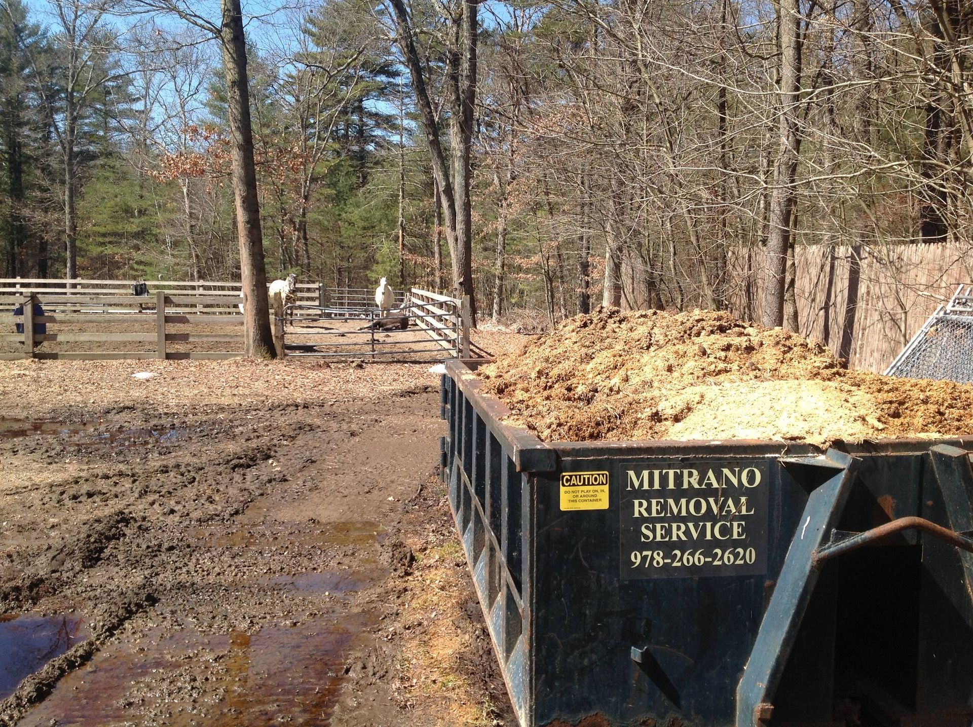 A dark dumpster filled with dirt and mud near a muddy pasture with a fence and trees.