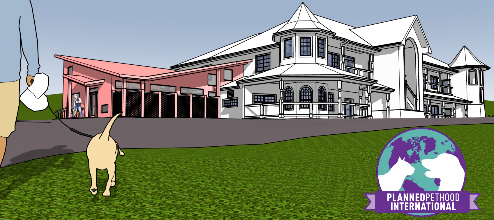 A drawing of a large house with a dog on a leash