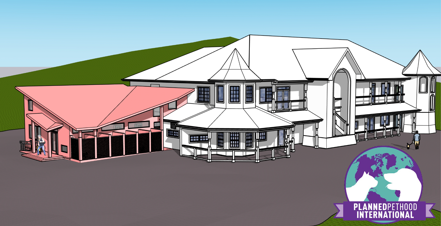 A drawing of a large house with a red roof