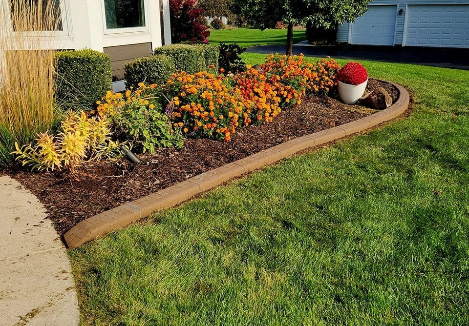 A residential garden bed with orange flowers, green bushes, and a potted red plant, bordered by a concrete curb.