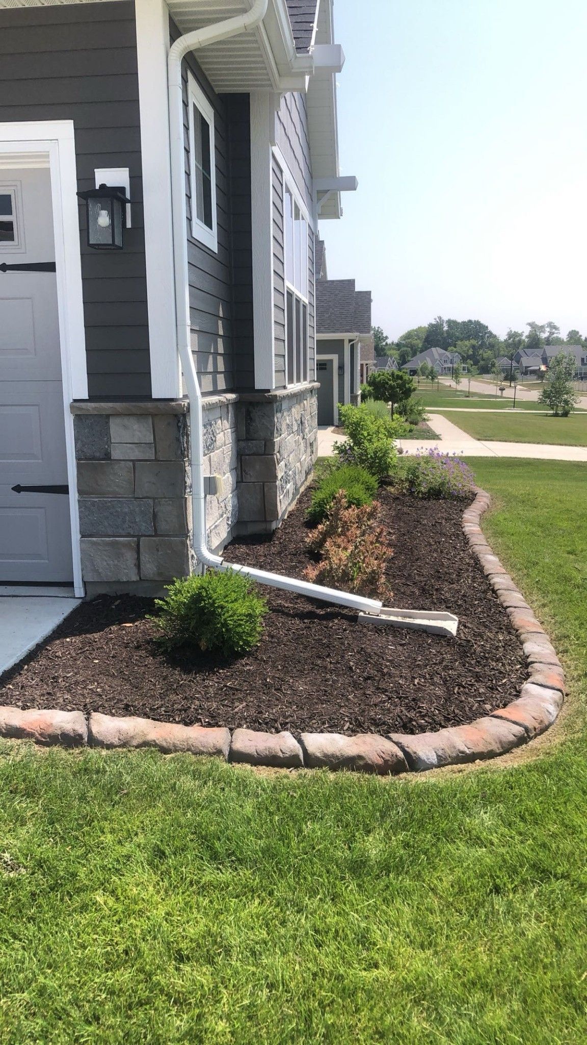 A side view of a house foundation with a garden bed featuring dark mulch, small shrubs, and a white downspout extender.