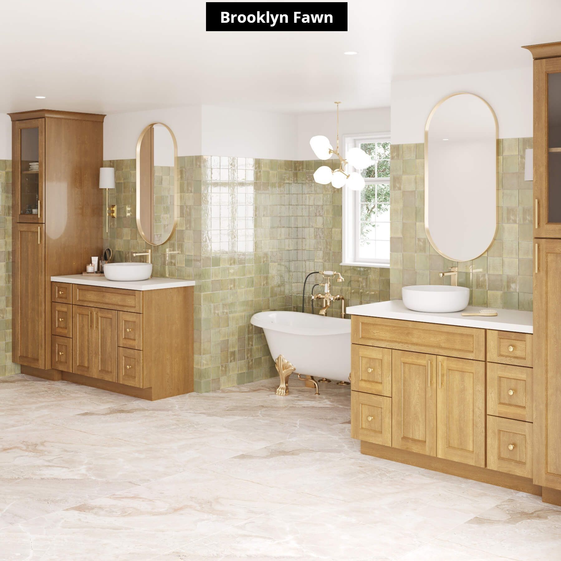 A bathroom with two sinks and a bathtub