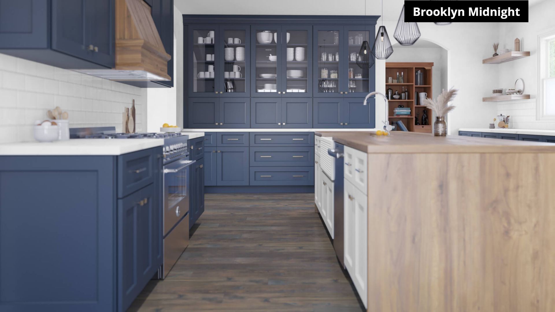 A kitchen with blue cabinets and a wooden island.