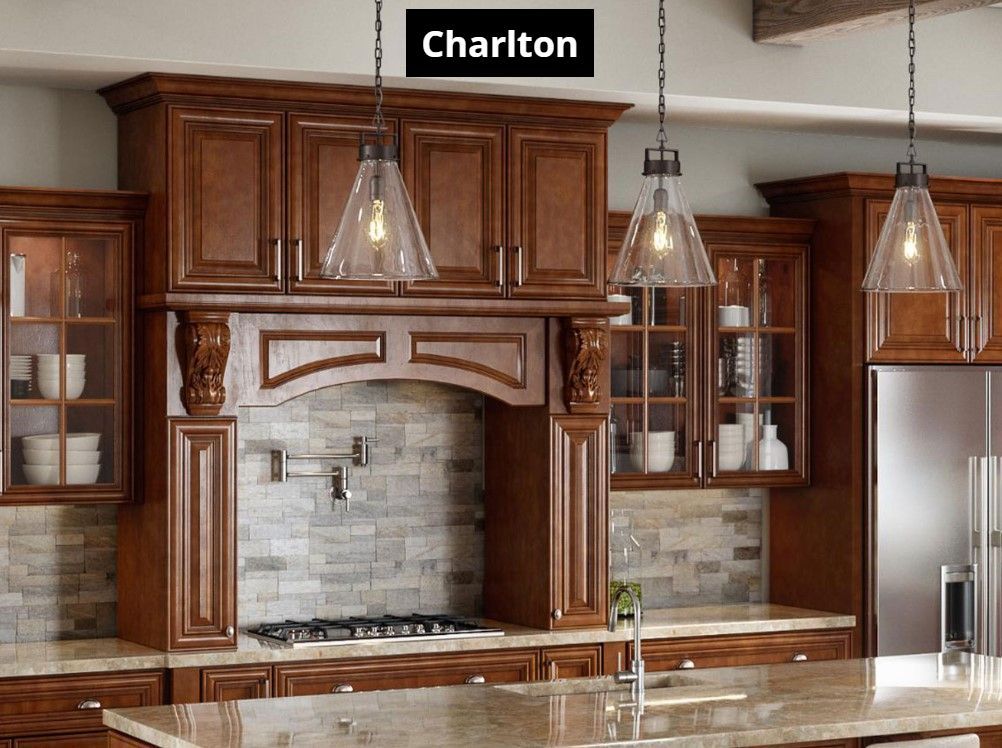 A kitchen with wooden cabinets and a stove top oven
