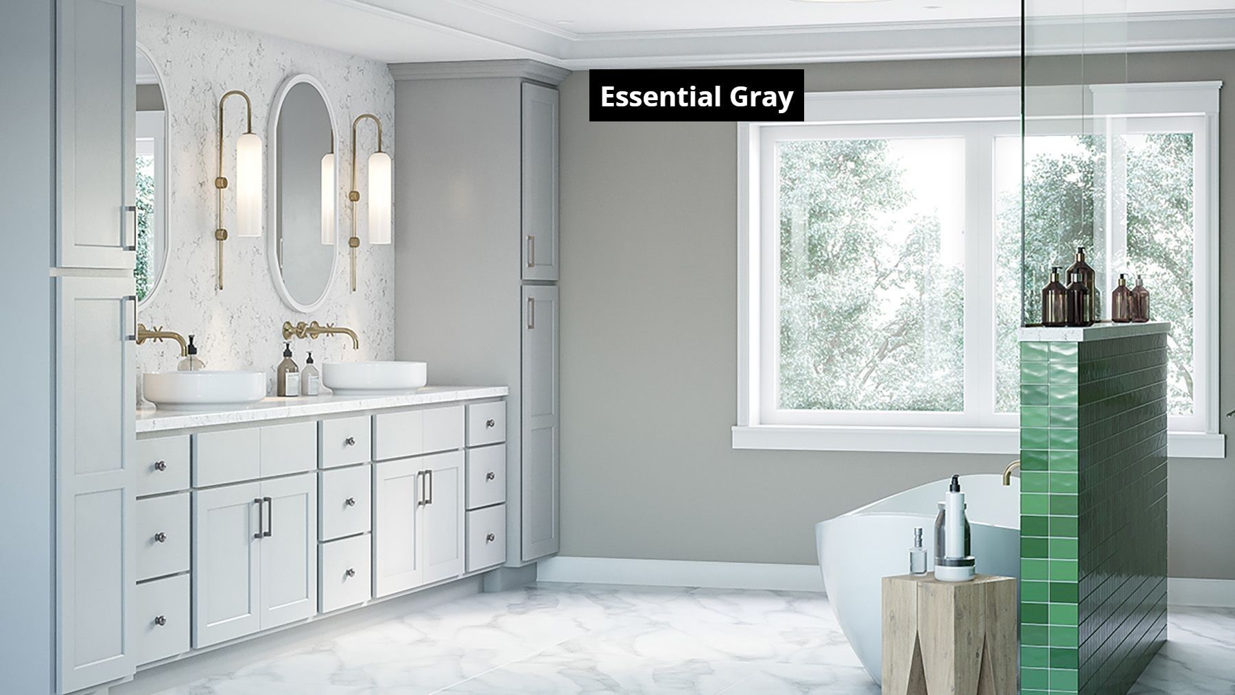 A bathroom with two sinks , a tub , and a window.