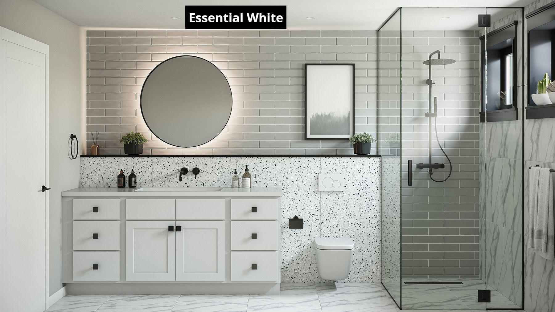 A bathroom with a sink , toilet , shower and mirror.