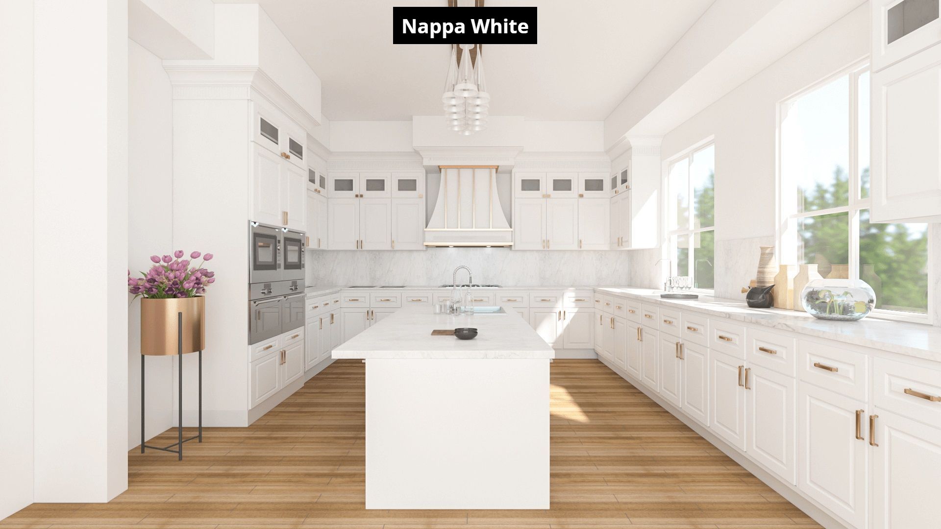 A kitchen with white cabinets and a large island in the middle.