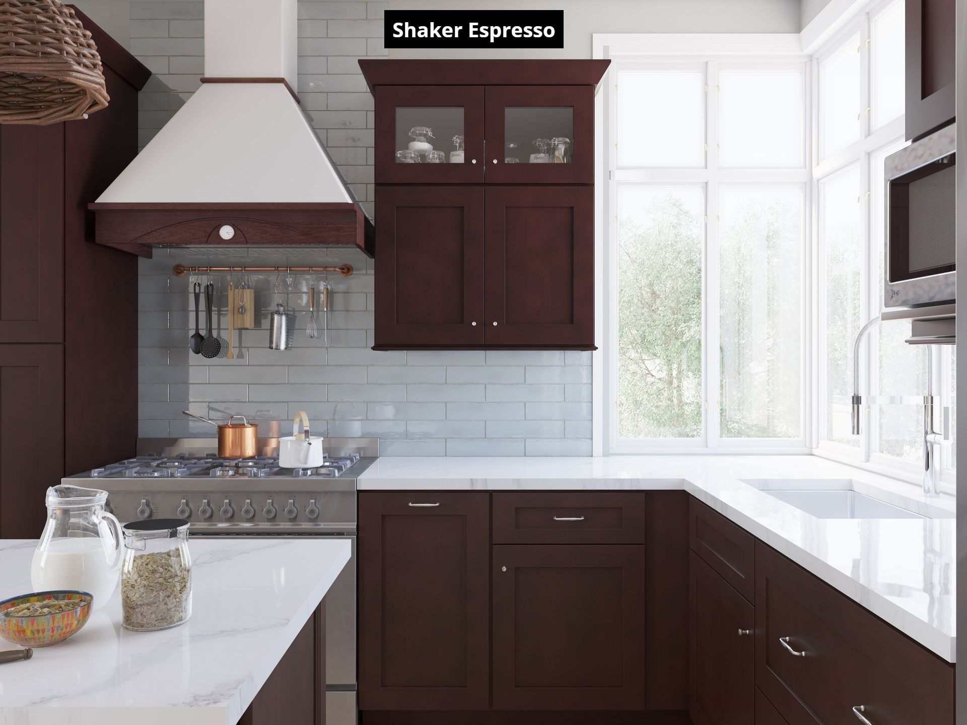 A kitchen with brown cabinets , a stove , a sink , and a window.