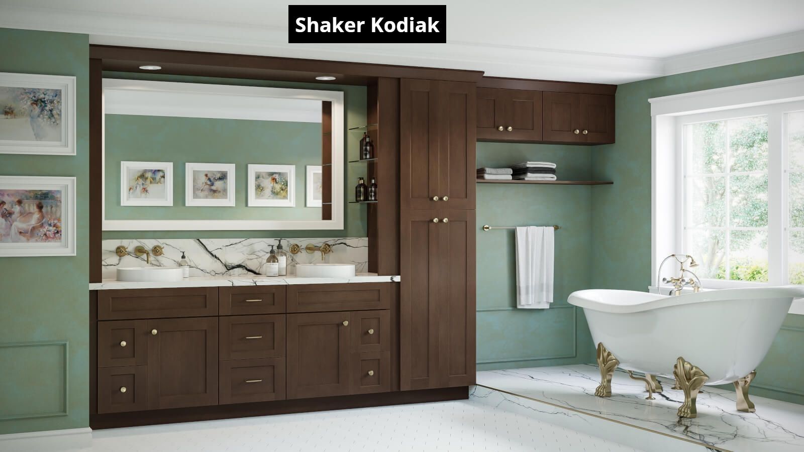 A bathroom with two sinks , a tub and a mirror.