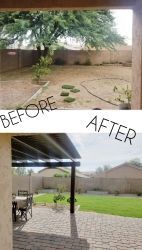 A before and after photo of a patio with a pergola.