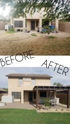 A before and after picture of a house with a pergola.