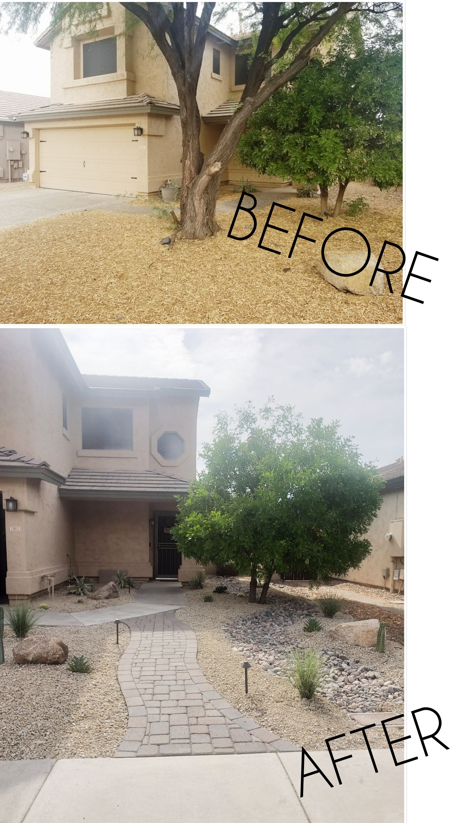 A before and after picture of a house with a tree in front of it.