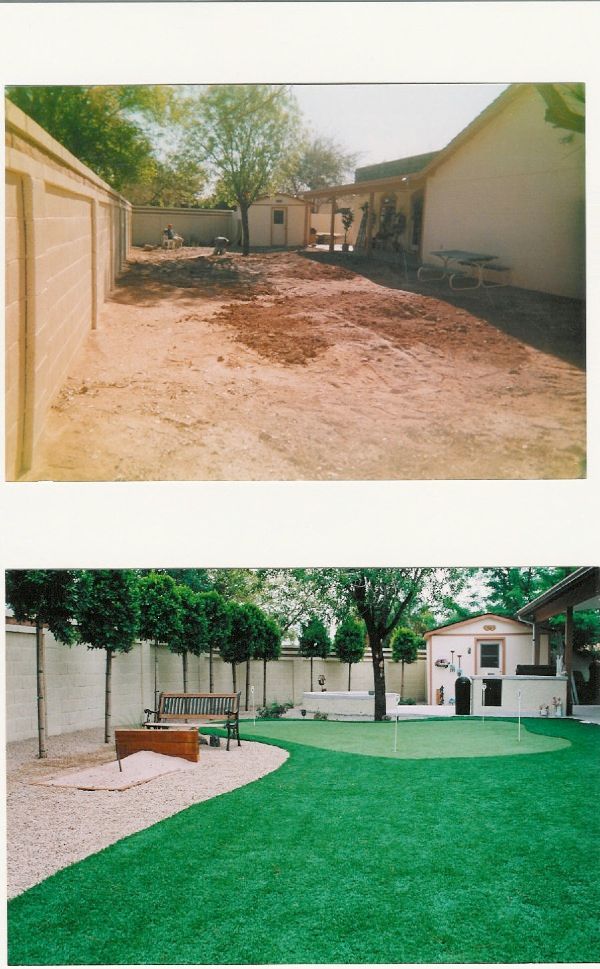 A before and after picture of a backyard with a putting green