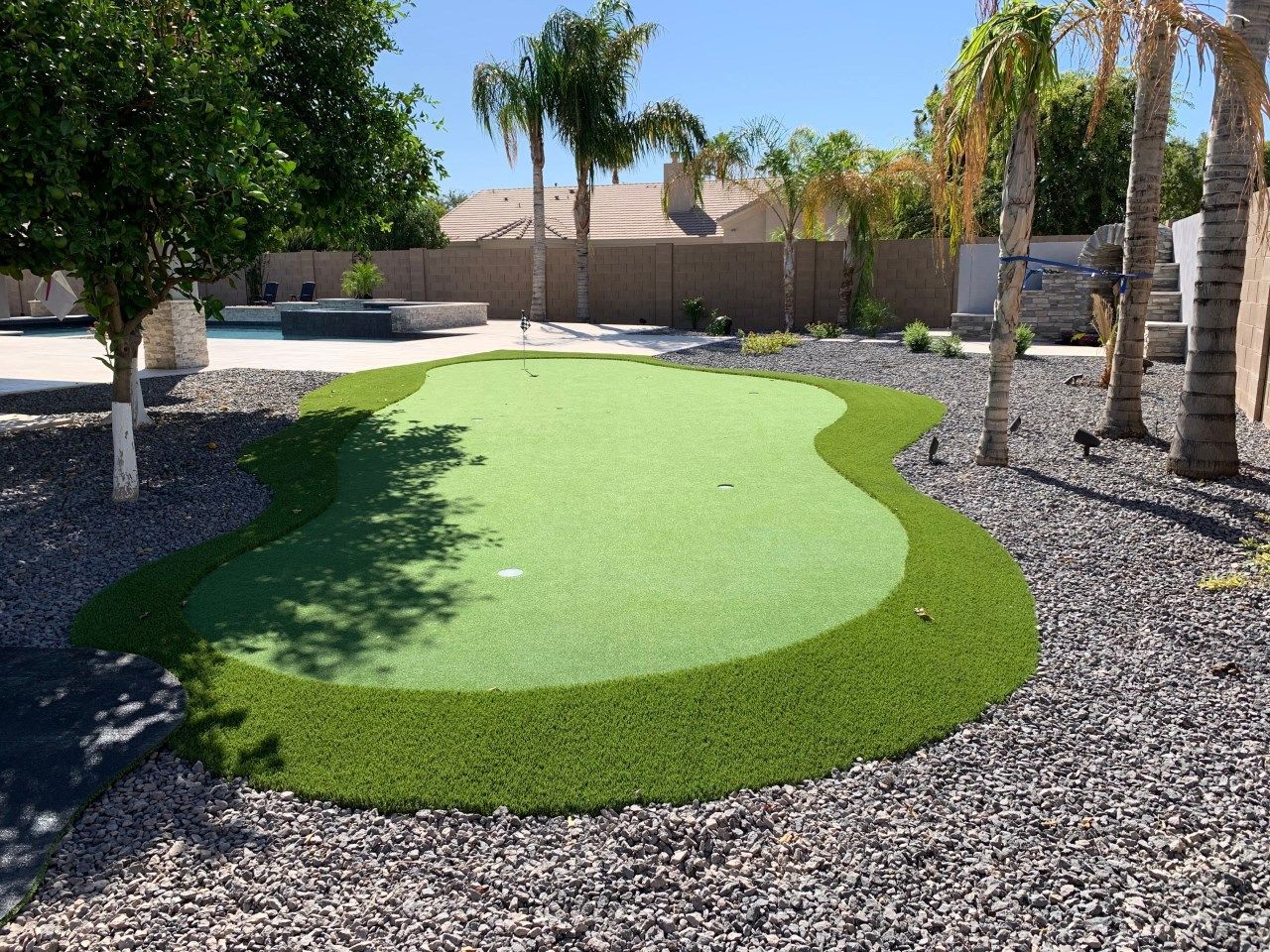 A green putting green in a backyard with palm trees