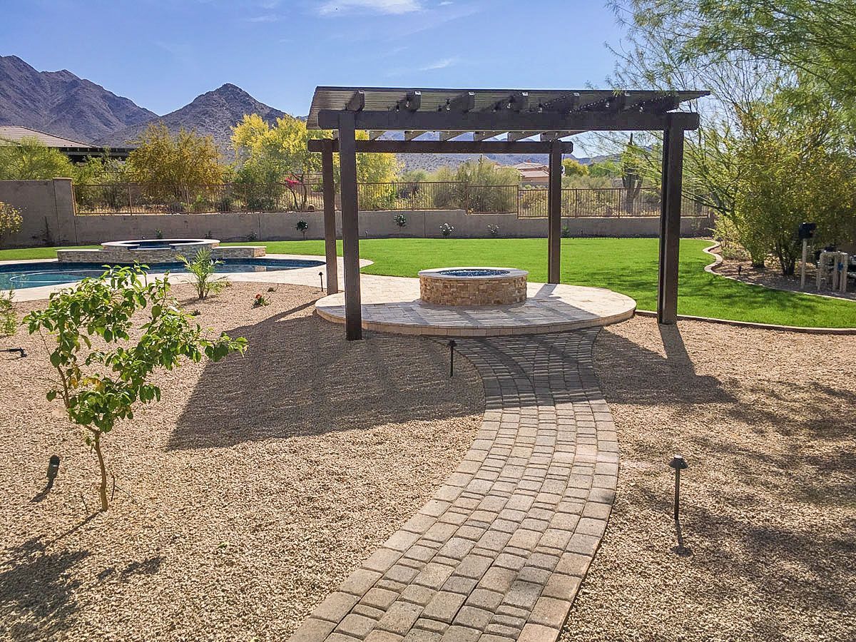 There is a fire pit in the middle of the backyard.