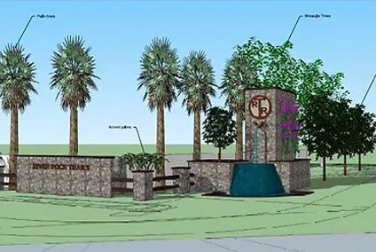 A drawing of a park with palm trees and a fountain