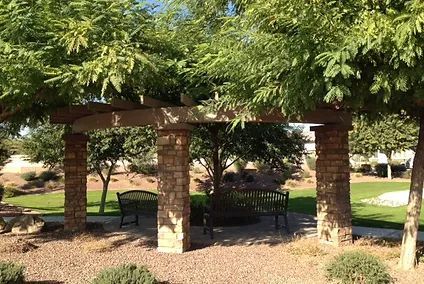 There is a bench under a pergola in the park.