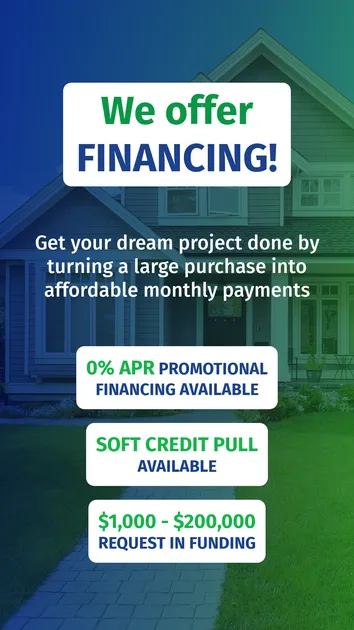 Advertisement for financing: White text on a green and blue gradient with a house background. Offers 0% APR, soft credit pull, and $1,000-$200,000 funding.
