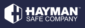 Logo of Hayman Safe Company: white text on dark blue background; a hexagon with an 