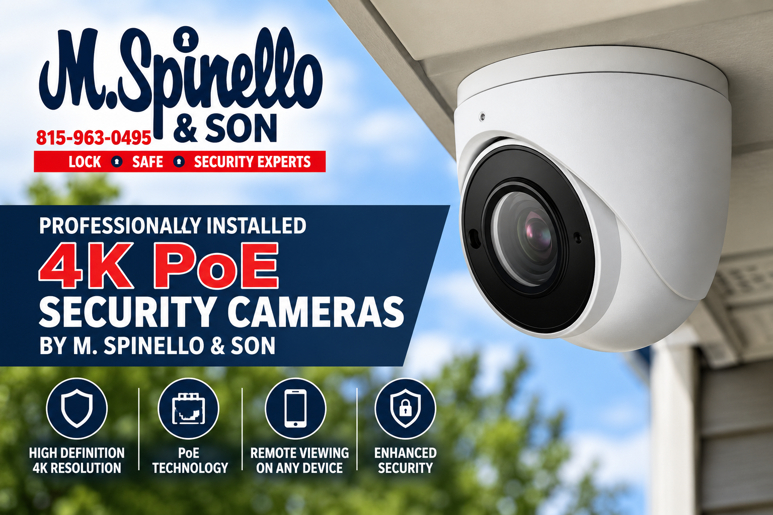 Hardwired PoE security camera professionally installed on a home by M. Spinello & Son