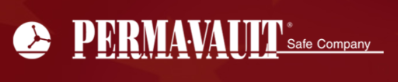 Logo of Permavault Safe Company with a clock icon on a dark red background.