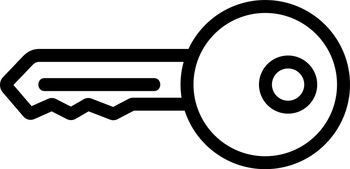 Black outline key icon with a round head and toothed blade, on a white background