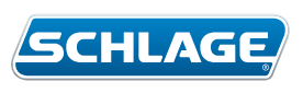Schlage logo in white font on a blue, rectangular background.