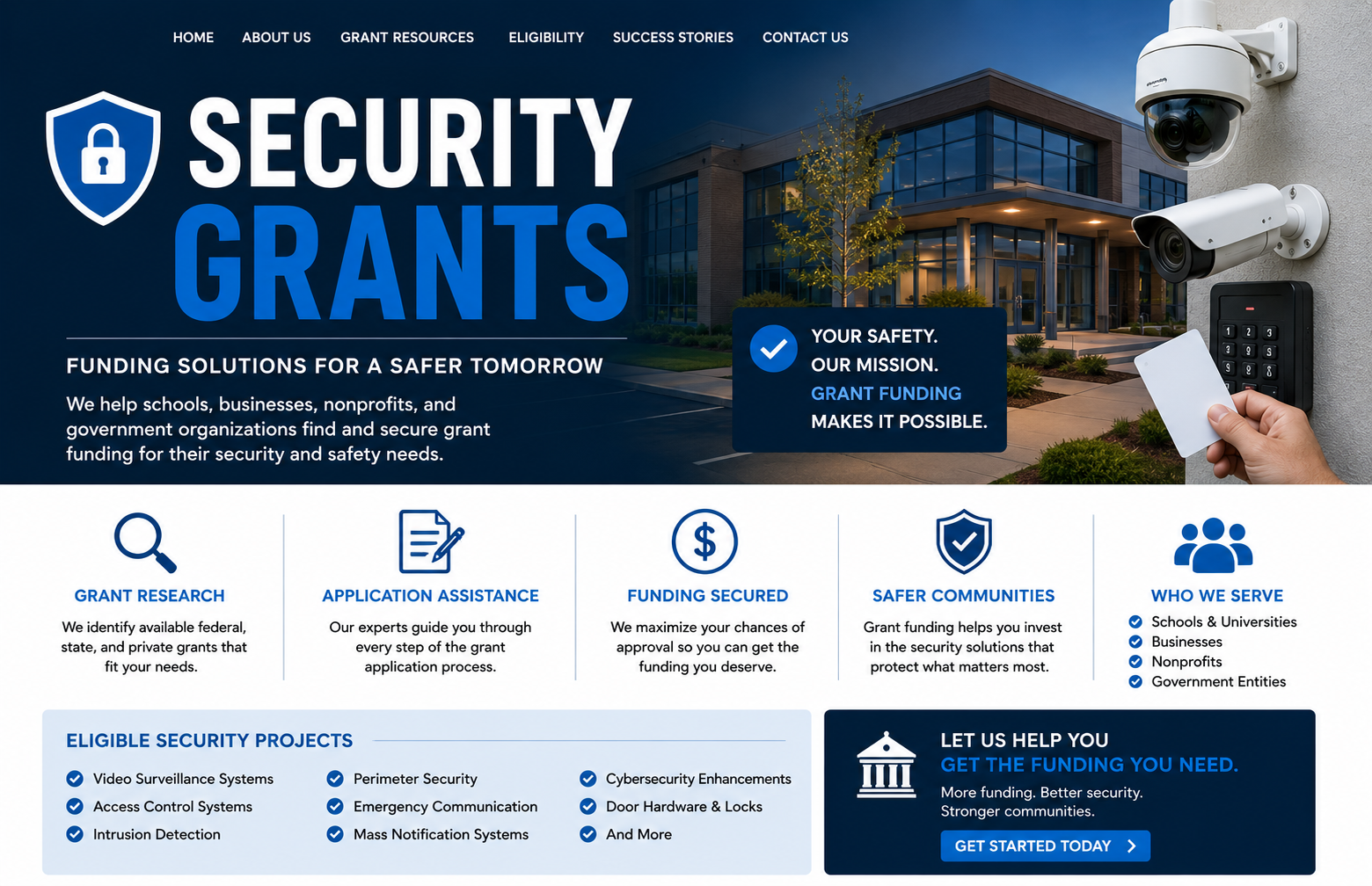 Security grants banner with university buildings, cameras, and grant application details