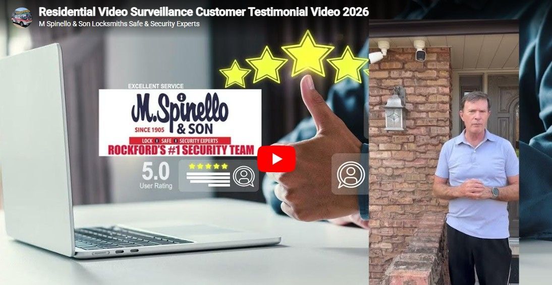A testimonial video graphic for M. Spinello & Son featuring a 5-star rating and a man standing in front of a brick house.