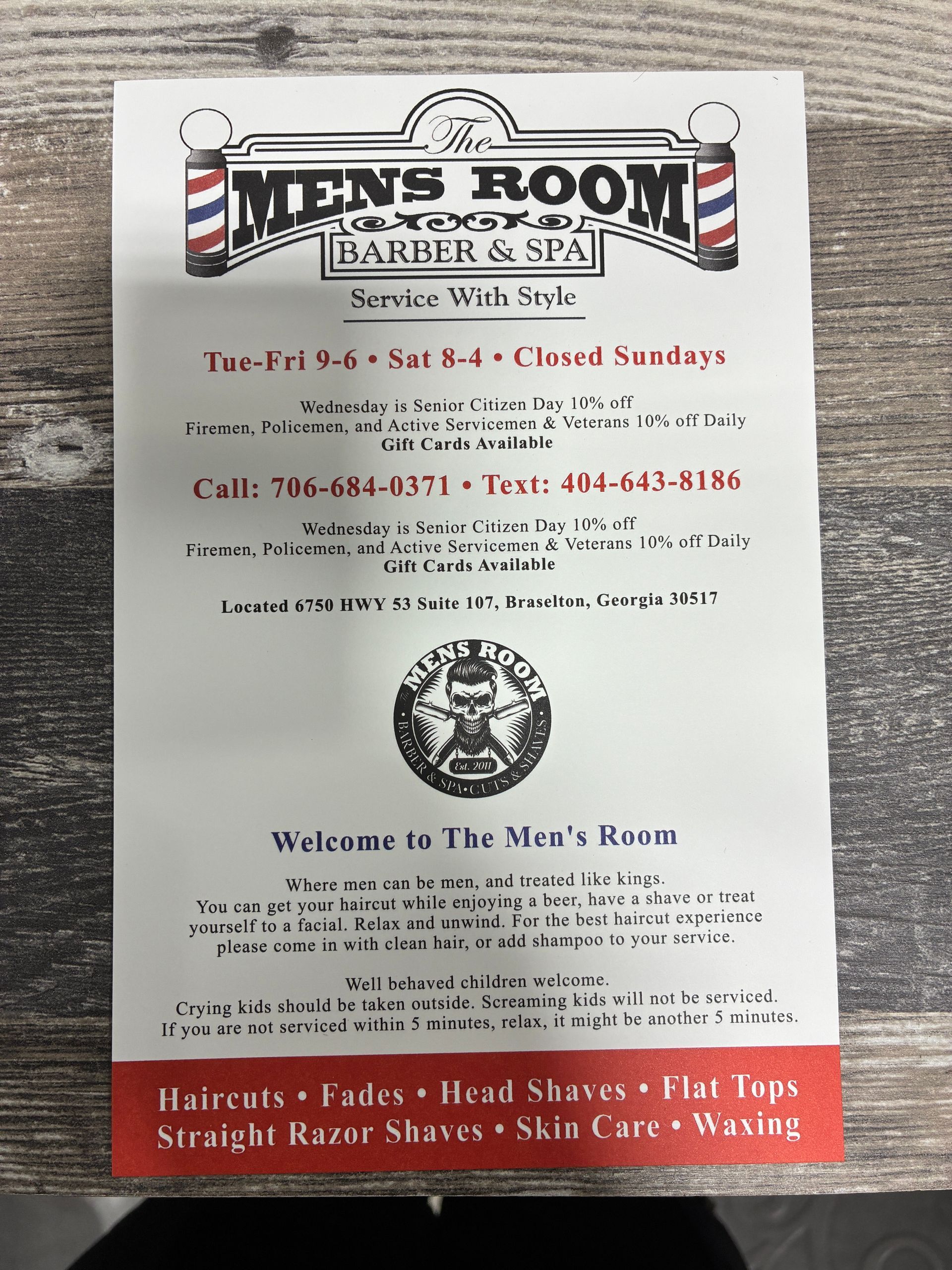 A flyer for men 's room barber & spa