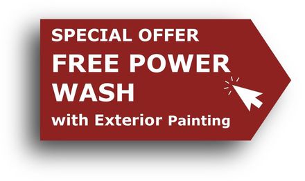 Red sale tag reading Special Offer Free Power Wash with Exterior Painting with a white cursor icon