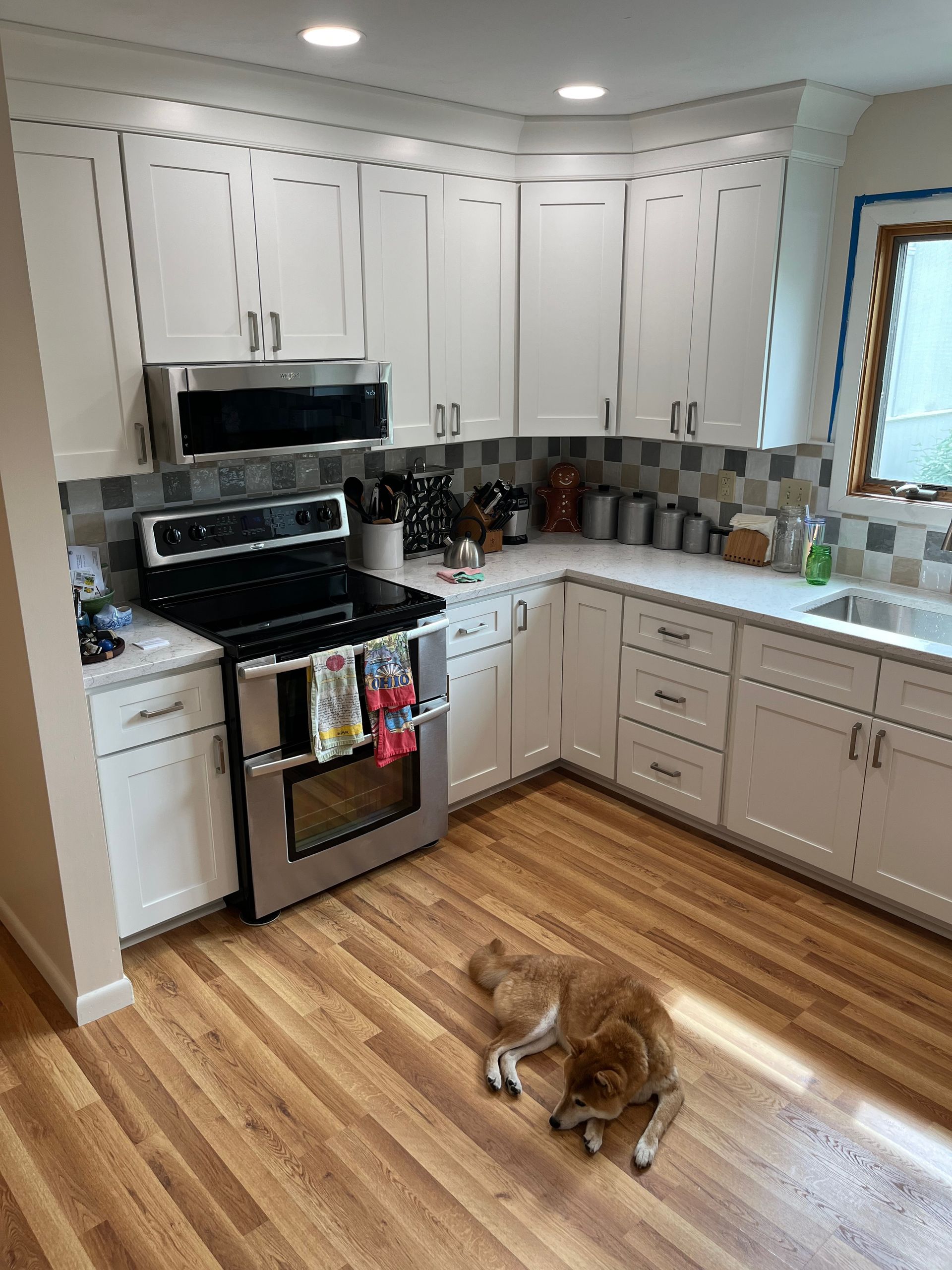 A dog is laying on the floor in a kitchen next to a stove