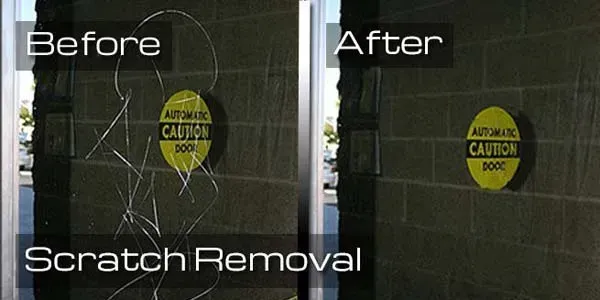 Before and after image of glass door scratch removal.