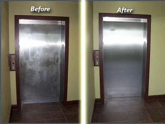 Before and after images of a stainless steel elevator door. The 