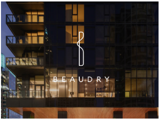 Modern high-rise building at dusk with illuminated windows and the Beaubry logo.