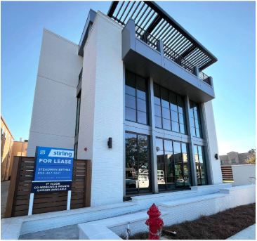 Modern three-story building for lease. Light-colored exterior, large windows, blue 