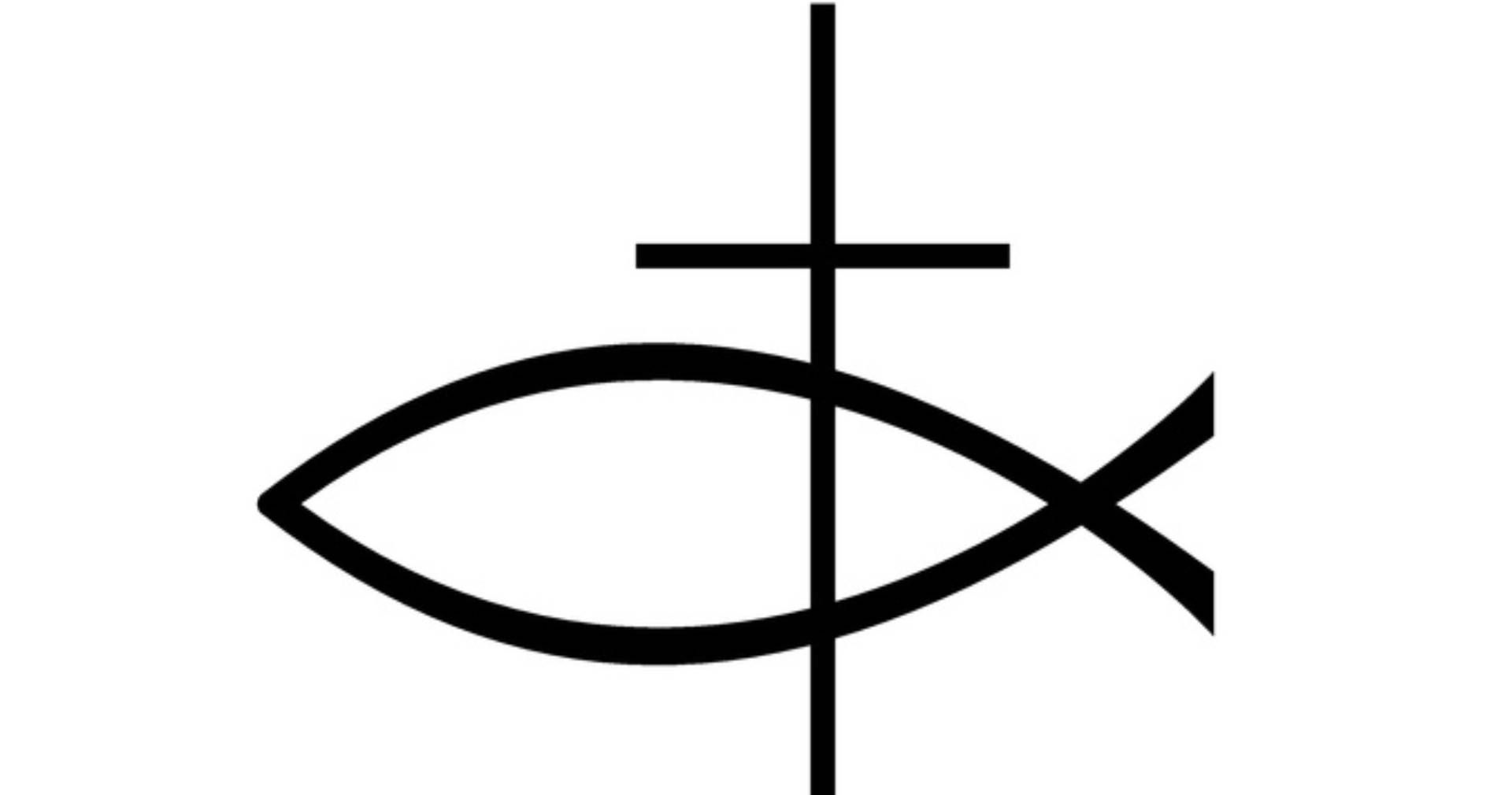 A black and white picture of the Christian fish with a cross.
