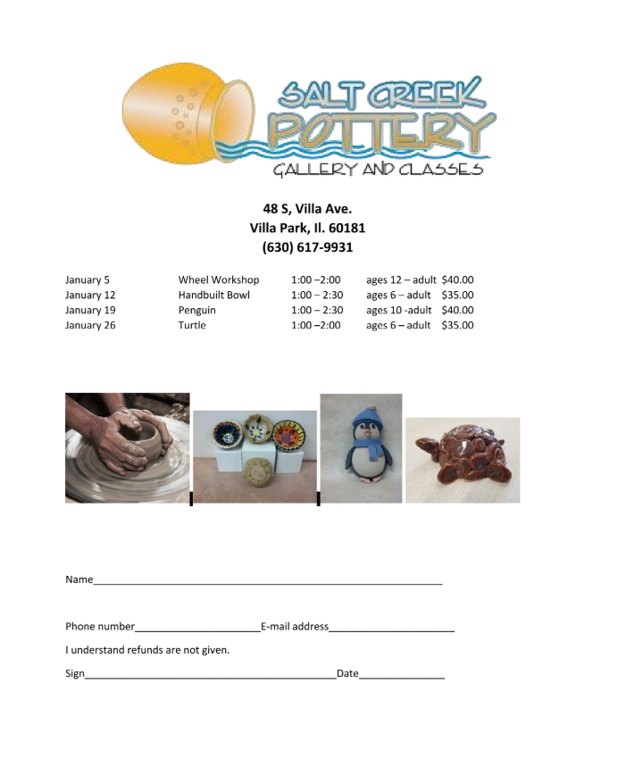 A flyer for salt creek pottery gallery and classes.