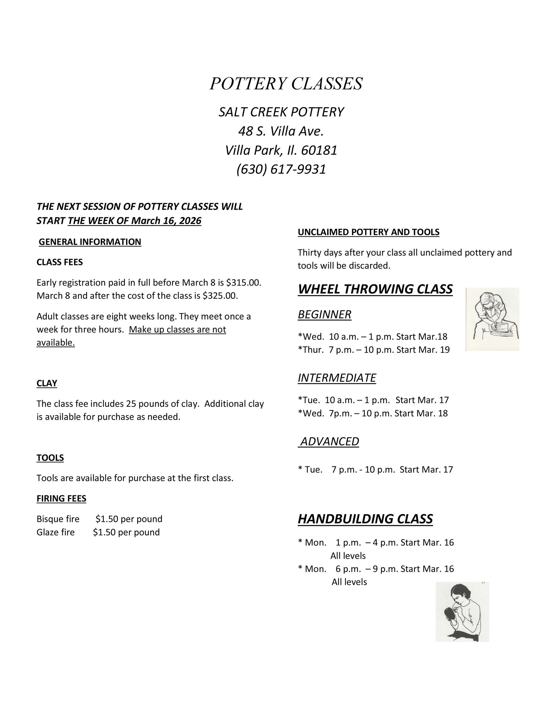 Flyer for pottery classes, listing class details, wheel throwing, and hand building classes.