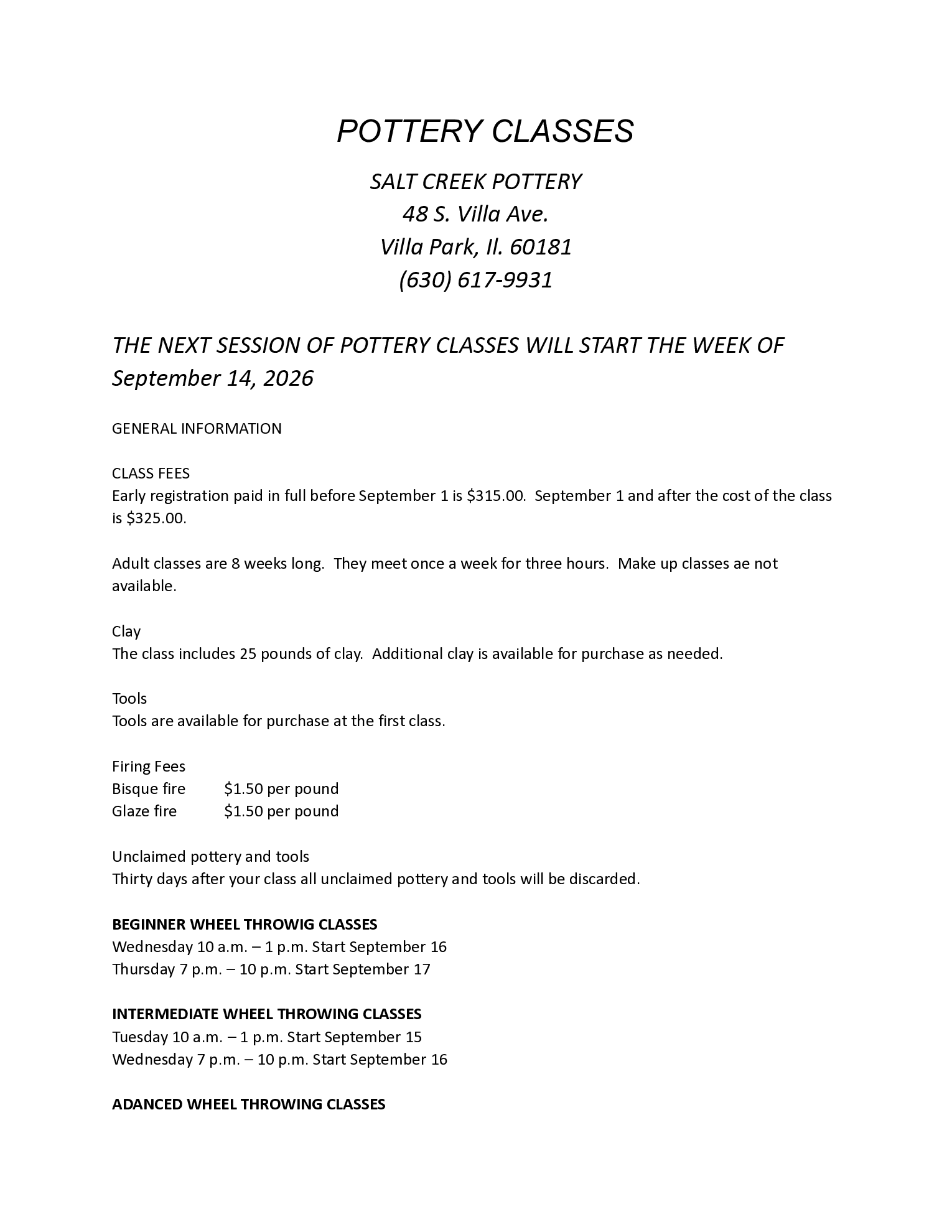 White flyer titled “Pottery Classes” with class details and contact information.