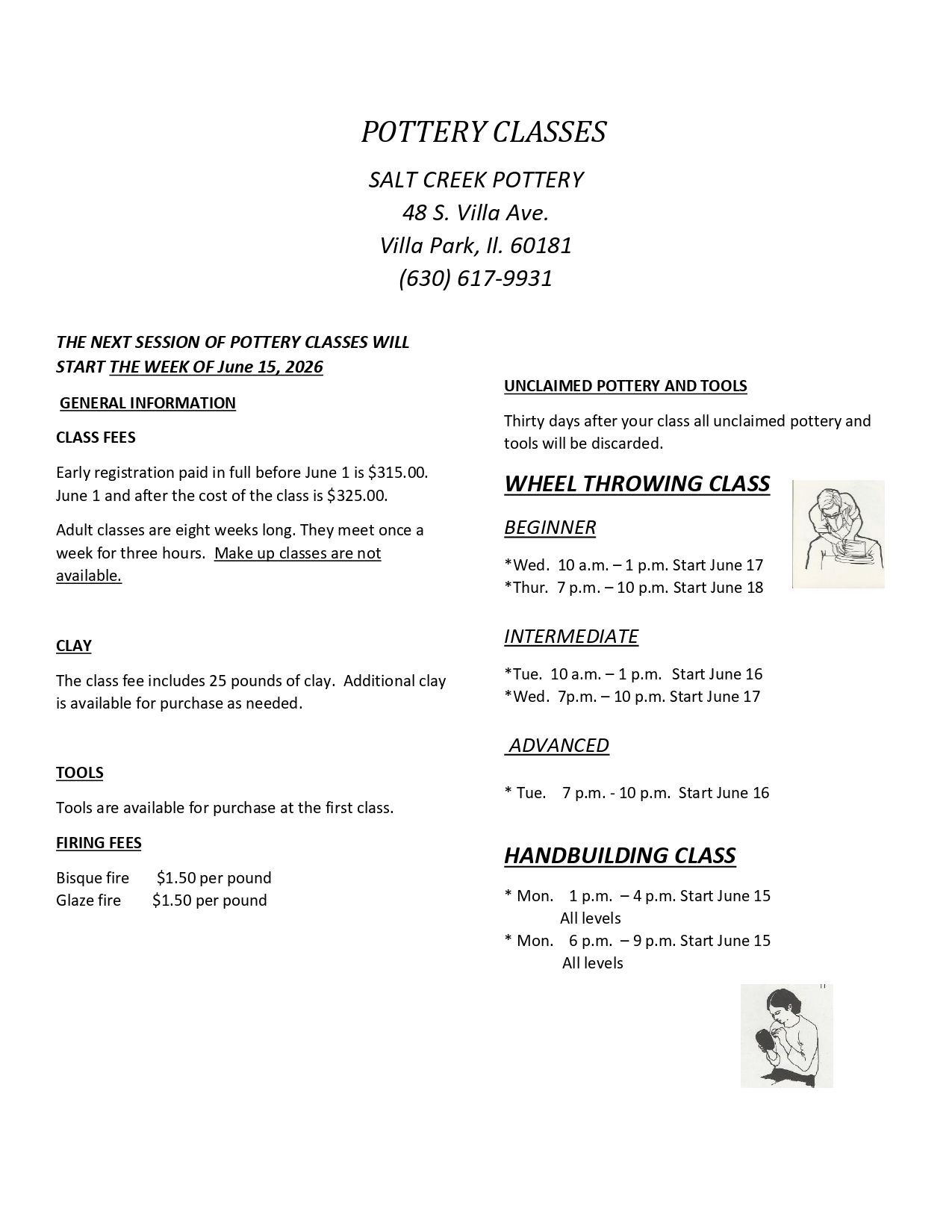 Flyer for pottery classes, listing class details, wheel throwing, and hand building classes.