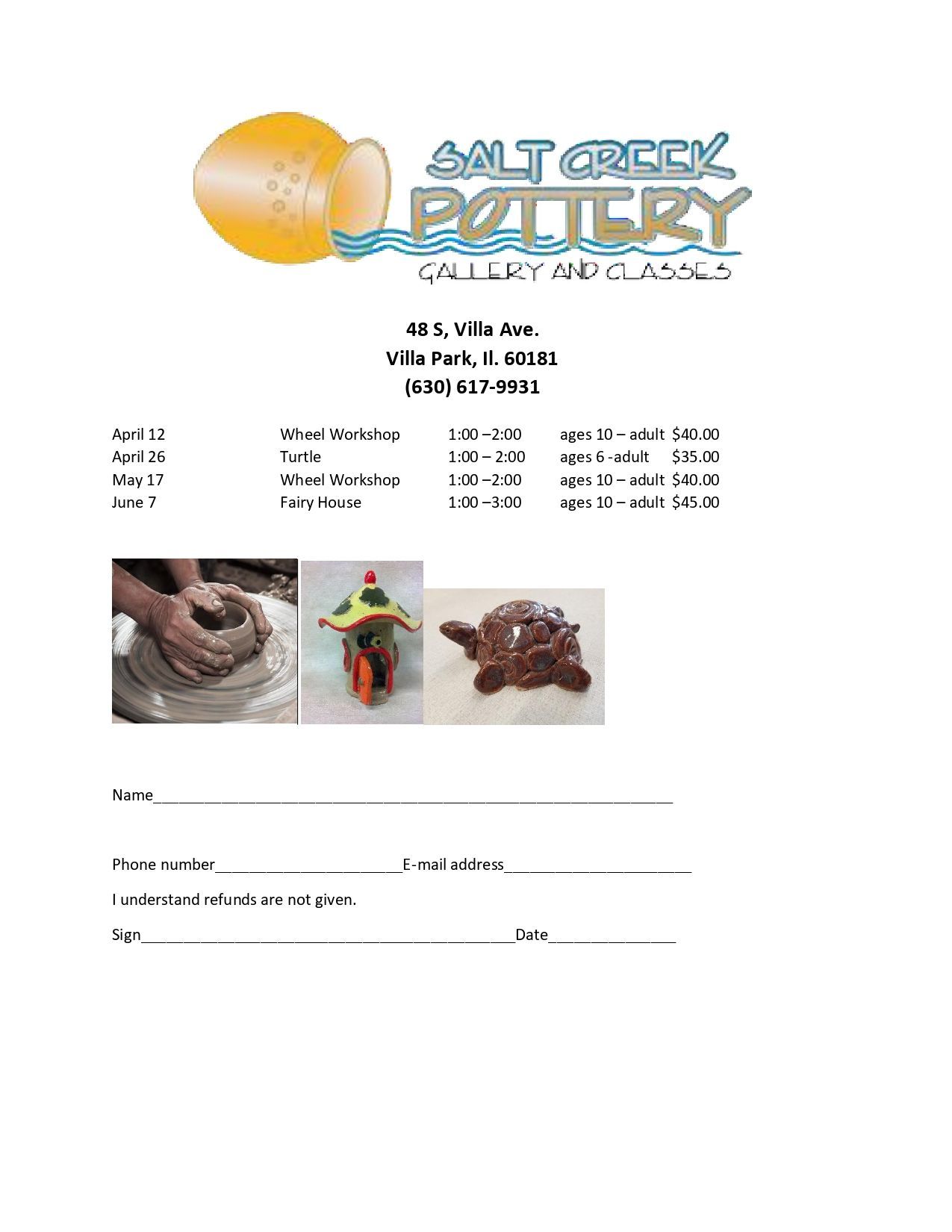 Salt Creek Pottery flyer: workshops, class times, fees, contact info, and examples of pottery. 