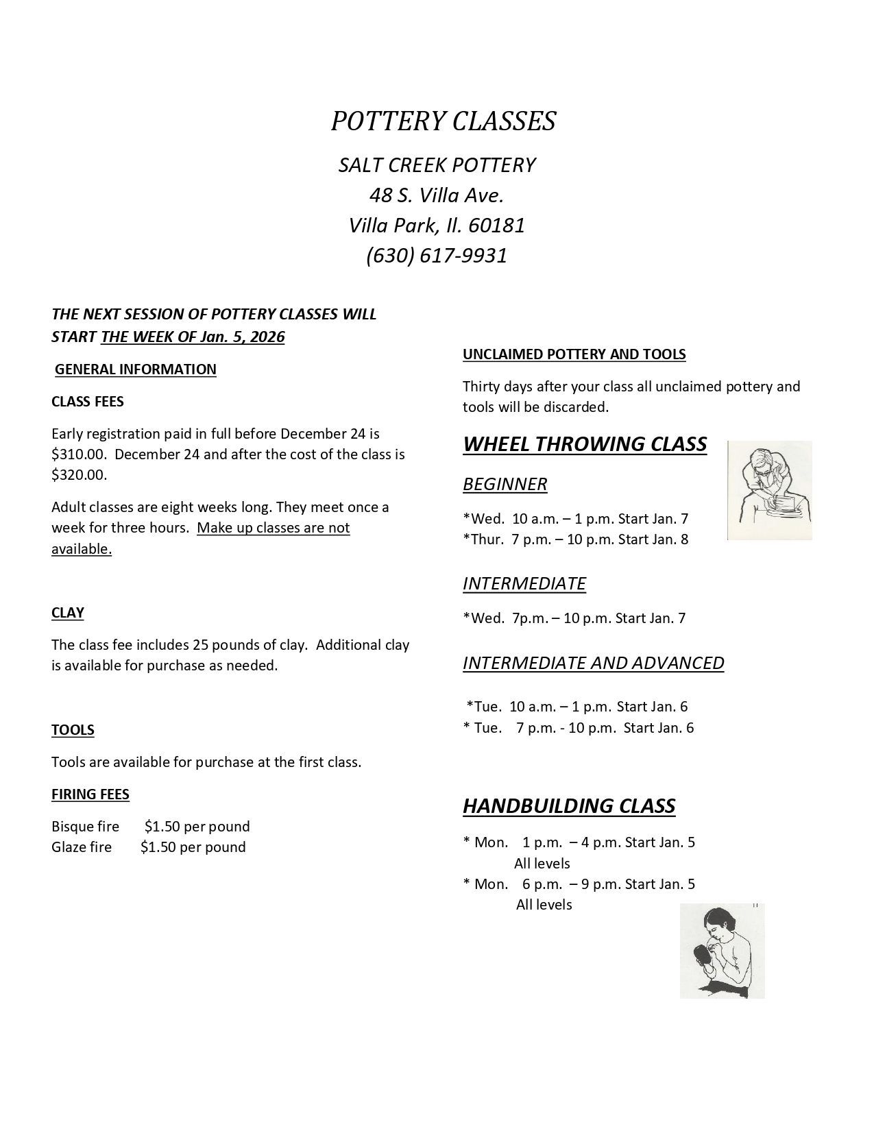 Pottery Classes Schedule