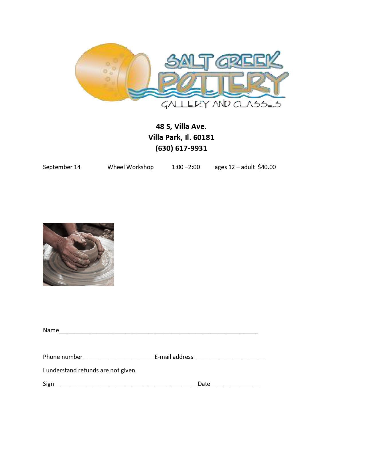 Salt Creek Pottery class registration form with a logo, address, and a person shaping clay.
