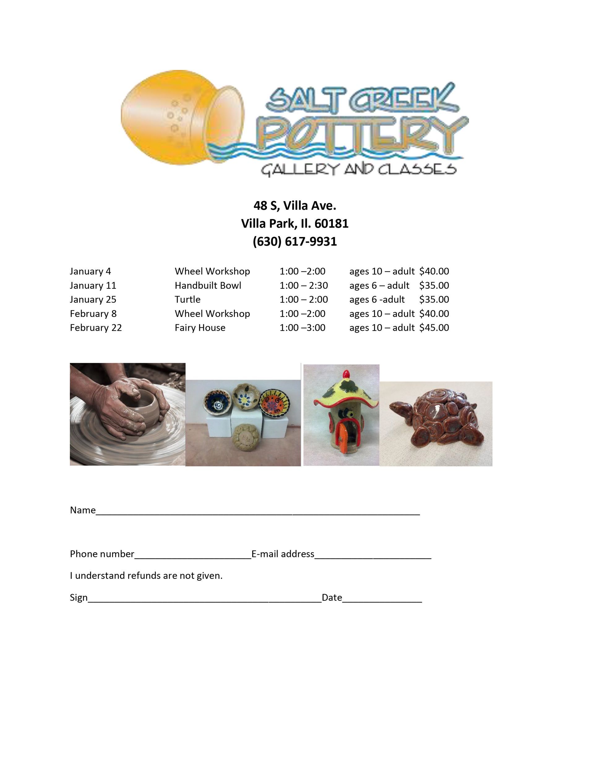 Salt Creek Pottery flyer: workshops, class times, fees, contact info, and examples of pottery.