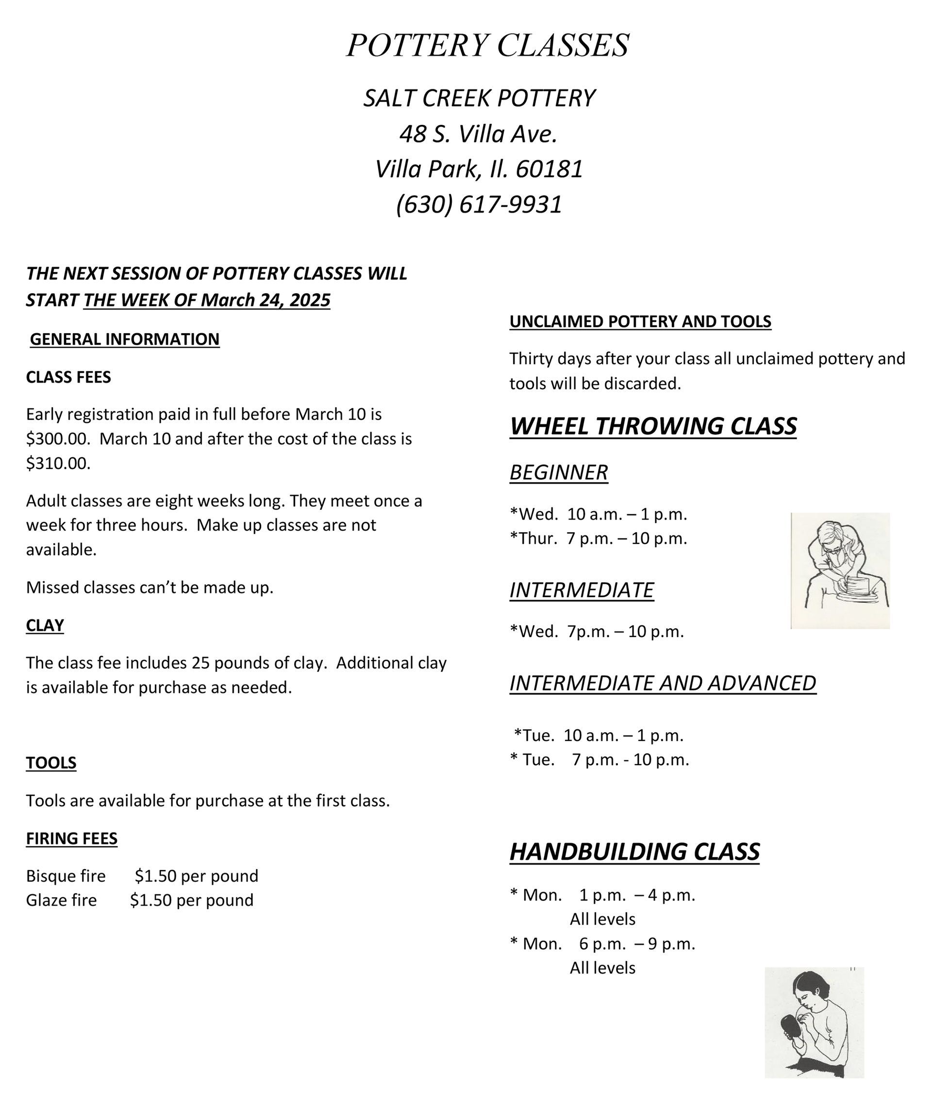 Pottery Classes schedule