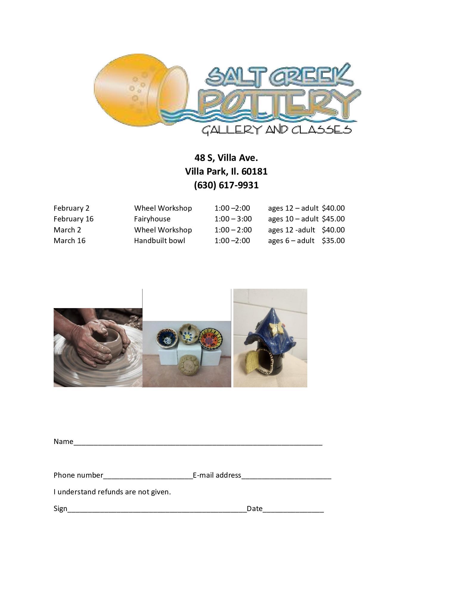 A brochure for salt creek pottery gallery and classes.