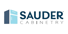 Sauder Cabinetry logo with blue cabinet icon and navy text on white background