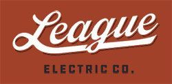 Logo for League Electric Co. in white cursive text over the words ELECTRIC CO. in gray, both on a reddish-brown background.