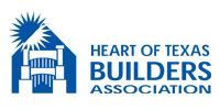 Heart of Texas Builders Association logo. Blue and white. Depicts a house shape with a sun and bridge. Text included.